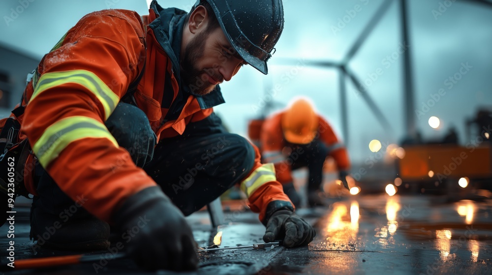 Construction Worker in Safety Gear Working on a Wet Surface Construction Worker in Safety Gear Working on a Wet Surface