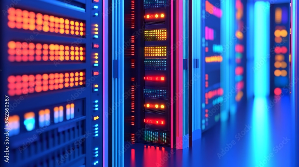 Rows of glowing servers in a data center, highlighting the power and efficiency of modern technology. Rows of glowing servers in a data center, highlighting the power and efficiency of modern technology.