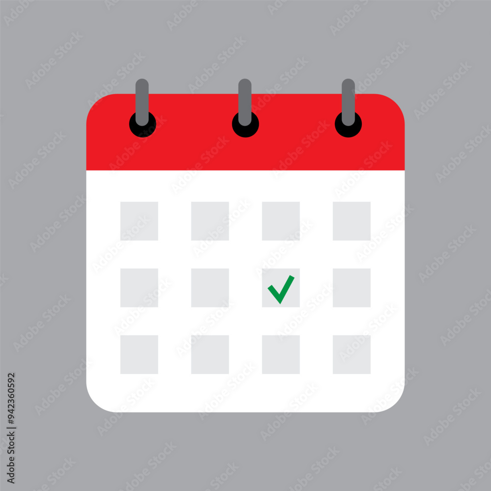 Calendar icon vector. Red header design. Green check mark detail. Grey background. Calendar icon vector. Red header design. Green check mark detail. Grey background.