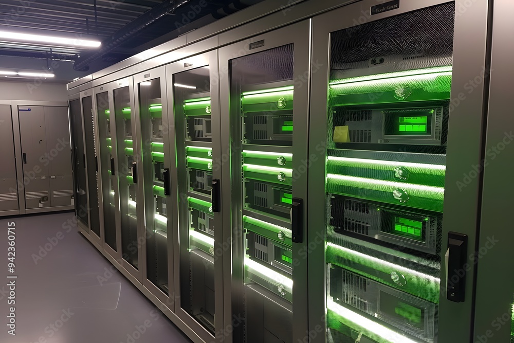 A photo of an unobtrusive server room with several large, silver and green data cabinets. The cabinet doors have multiple rows of windows that display the various computer equipment inside. A photo of an unobtrusive server room with several large, silver and green data cabinets. The cabinet doors have multiple rows of windows that display the various computer equipment inside.