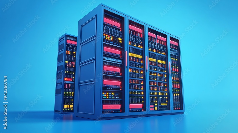 Two large blue server racks stand against a blue background. The racks are filled with hardware and cables. Two large blue server racks stand against a blue background. The racks are filled with hardware and cables.