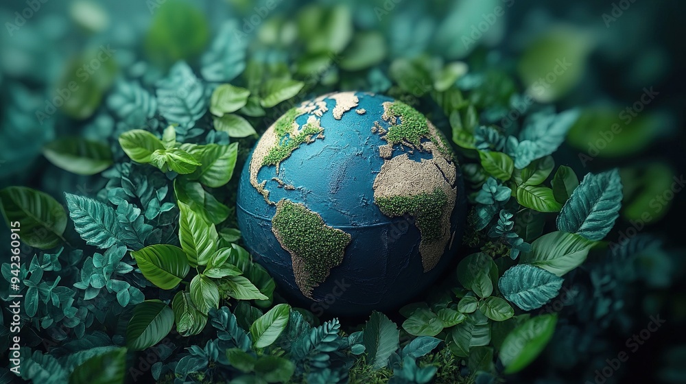 Leaves surround a blue and green globe, illustrating commitment to world environmental protection for Earth Day. Leaves surround a blue and green globe, illustrating commitment to world environmental protection for Earth Day.