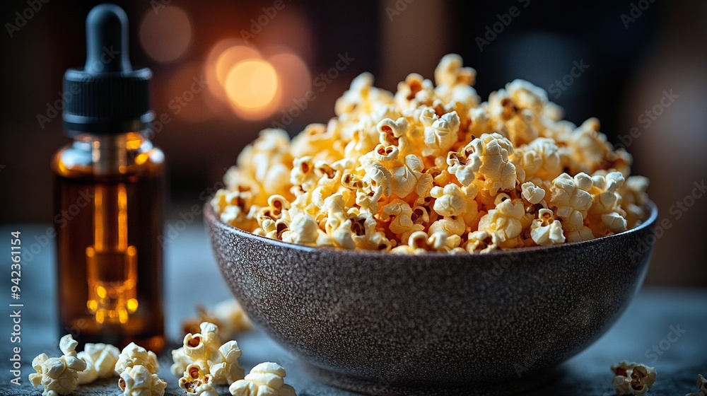 A casual setup is created by a bowl of popcorn, a vape, and a bottle of oil on a table. A casual setup is created by a bowl of popcorn, a vape, and a bottle of oil on a table.