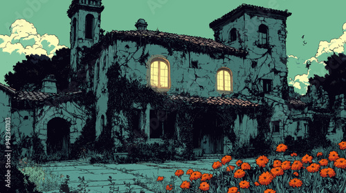 Spooky Abandoned Mansion with Glowing Windows Surrounded by Orange Marigold Flowers in an Overgrown Garden at Twilight