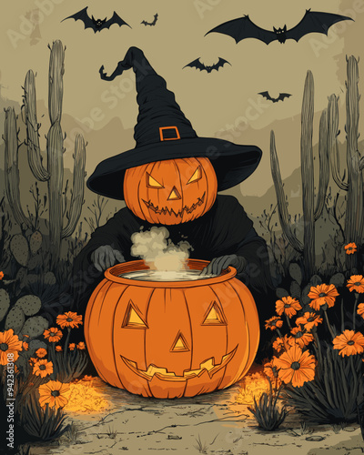 Pumpkin Head Witch Stirring a Cauldron in a Spooky Desert with Bats, Cacti, and Marigold Flowers at Twilight