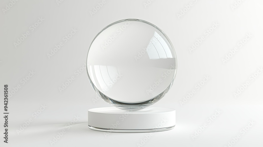 3D illustration of a clear glass sphere and circular base on a white background, with ample space for text. 3D illustration of a clear glass sphere and circular base on a white background, with ample space for text.