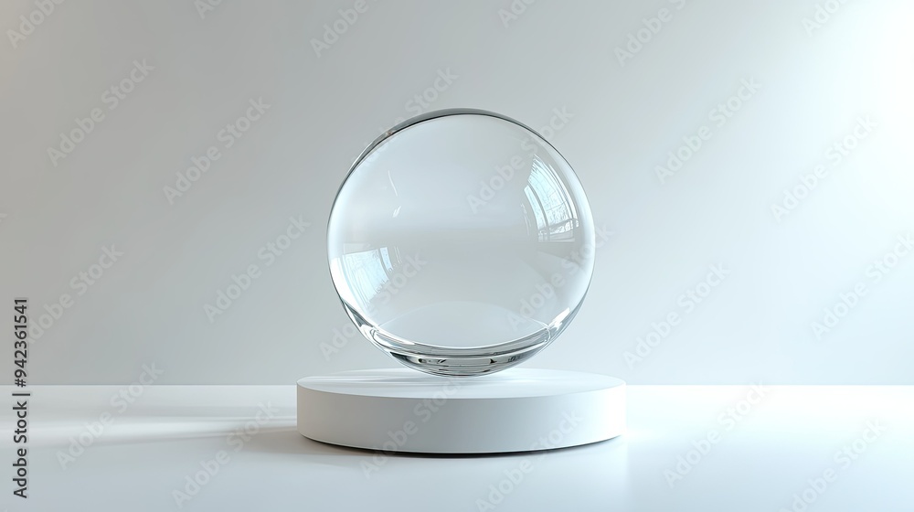 3D illustration of a transparent spherical glass on a circular base, centered on a minimalist white background with ample copy space. 3D illustration of a transparent spherical glass on a circular base, centered on a minimalist white background with ample copy space.