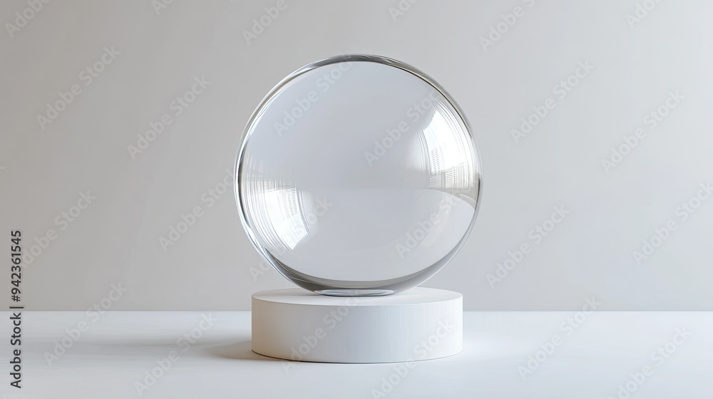 3D illustration of a transparent spherical glass on a circular base, centered on a minimalist white background with ample copy space. 3D illustration of a transparent spherical glass on a circular base, centered on a minimalist white background with ample copy space.