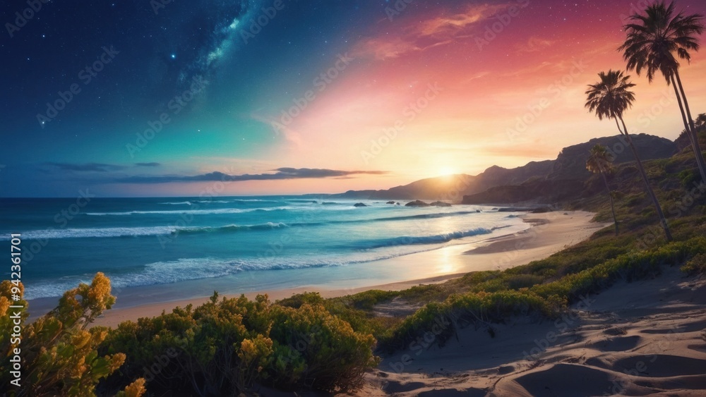 Fototapeta premium Beautiful panoramic wallpaper with beach and unearthly sky