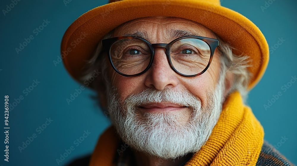 A serene blue background frames a cheerful senior hipster, enjoying a calm moment with a smile, embodying an active lifestyle for seniors.