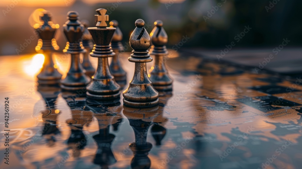 Chess pieces seen from close up, reflecting world map, global leadership concept generative ai Chess pieces seen from close up, reflecting world map, global leadership concept generative ai