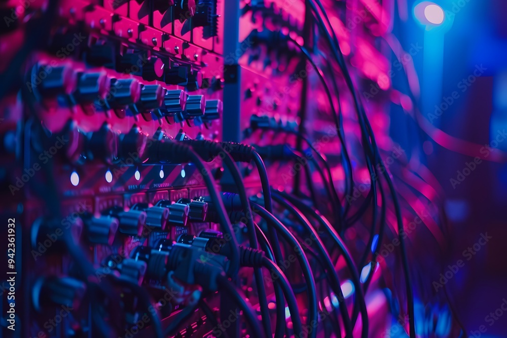 Closeup of the power cables and system settings on an audiovisual installation at a corporate event, focusing on details like cable management and technology use for live digital data display. Closeup of the power cables and system settings on an audiovisual installation at a corporate event, focusing on details like cable management and technology use for live digital data display.