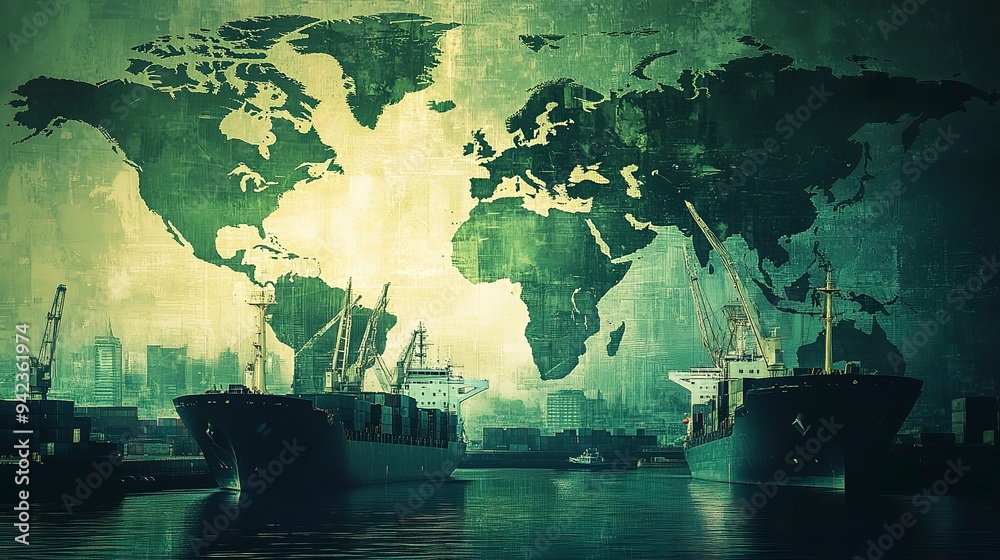 Global Trade Concept with Ships and World Map Illustrative digital ...