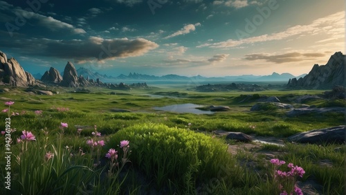 Panoramic wallpaper wonderful landscape meadows and cosmic sky