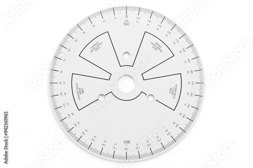 Studio photography of a sportsman degree wheel with soft shadow isolated on a white background. Close-up shot of circular plastic disk with measurements. Tool for automobile service and maintenance. 