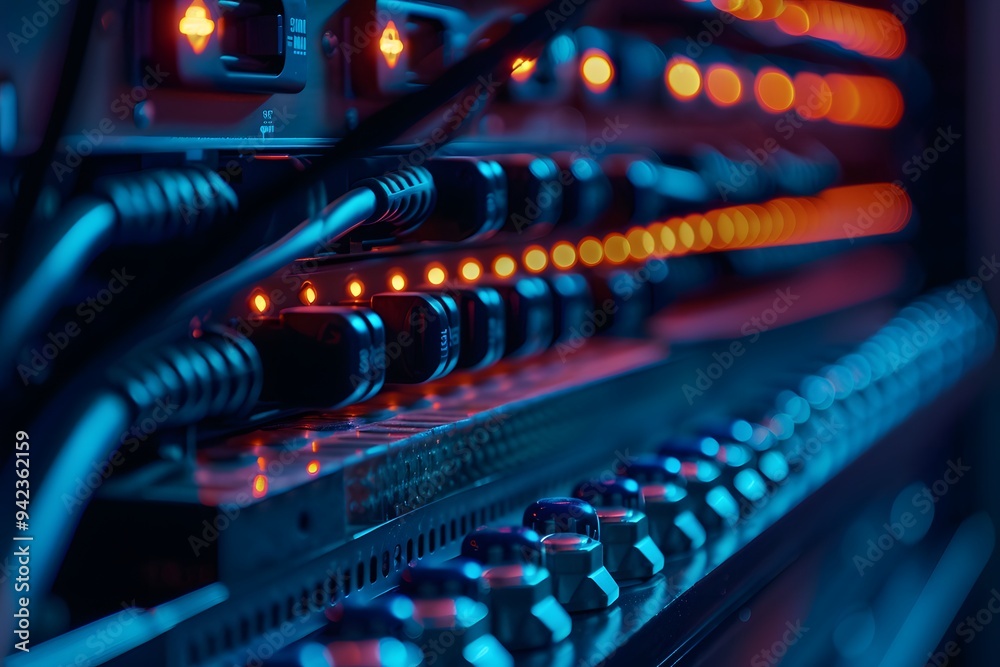 Closeup of the power cables and system settings on an audiovisual installation at a corporate event, focusing on details like cable management and technology use for live digital data display.
