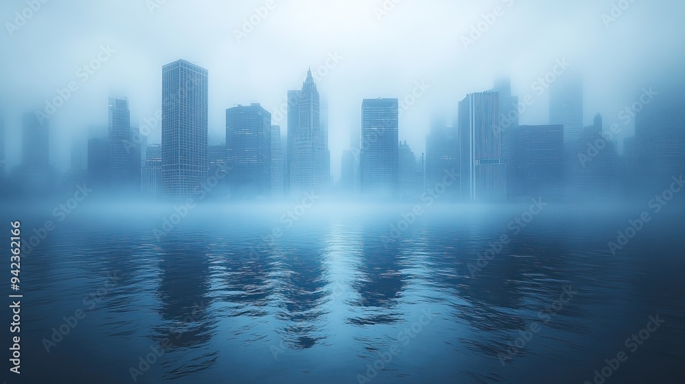 Naklejka premium A soft blue haze gently obscures a city skyline, creating a serene atmosphere.