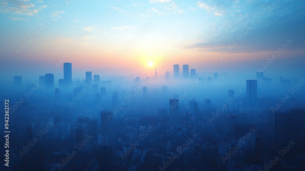 A soft blue haze gently obscures a city skyline, creating a serene atmosphere. A soft blue haze gently obscures a city skyline, creating a serene atmosphere.