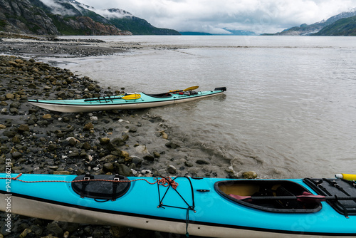 Sea kayaks at beach camp in Glacier Bay National Park in southeastern Alaska 