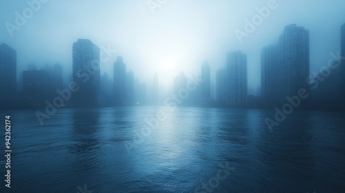 A soft blue haze gently obscures a city skyline, creating a serene atmosphere.