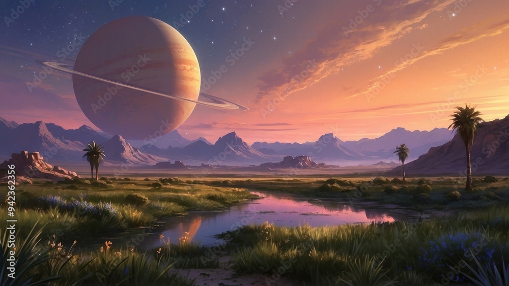 Panoramic wallpaper wonderful landscape meadows and cosmic sky Panoramic wallpaper wonderful landscape meadows and cosmic sky