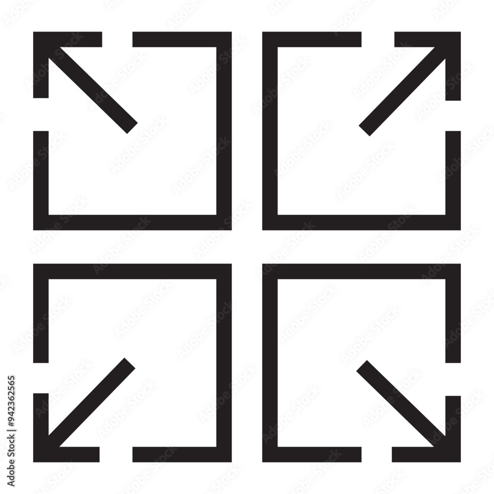 Resize arrows icon. Four black arrows. Square and arrow concept. Minimalist vector graphic. Resize arrows icon. Four black arrows. Square and arrow concept. Minimalist vector graphic.