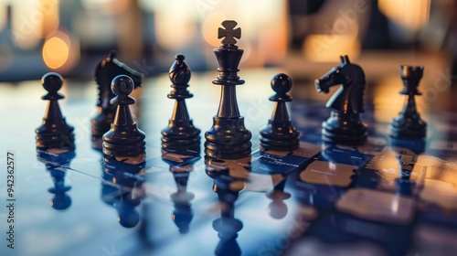 Chess pieces seen from close up, reflecting world map, international business concept generative ai