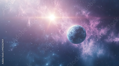 A peaceful space scene with a planet reflecting light from a distant star, surrounded by a gentle, pastel-colored nebula