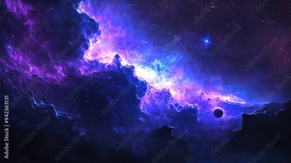 A vast nebula with bright blue and purple gases, illuminated by a nearby star, with a planet's silhouette on the horizon A vast nebula with bright blue and purple gases, illuminated by a nearby star, with a planet's silhouette on the horizon
