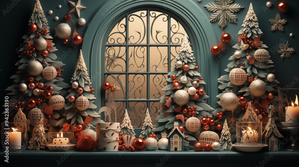 Fototapeta premium Winter city in retro style. Christmas background with houses, Christmas tree, snowman. Cozy town in a flat style with lettering merry Christmas.