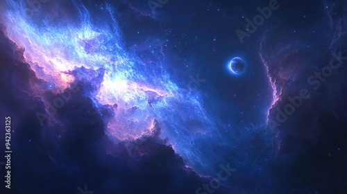 A vast nebula with bright blue and purple gases, illuminated by a nearby star, with a planet's silhouette on the horizon