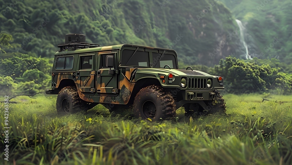 A military hummer in camouflage is driving on the grass near an open field. On top of it there is a small white cloud and a camera mounted to its roof for pointing towards you. A military hummer in camouflage is driving on the grass near an open field. On top of it there is a small white cloud and a camera mounted to its roof for pointing towards you.