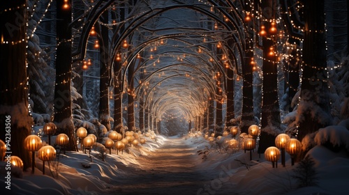 Winter forest background. Christmas trees decorated with garland lights