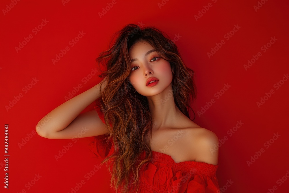 Portrait of a Woman Against a Bold Red Background Portrait of a Woman Against a Bold Red Background