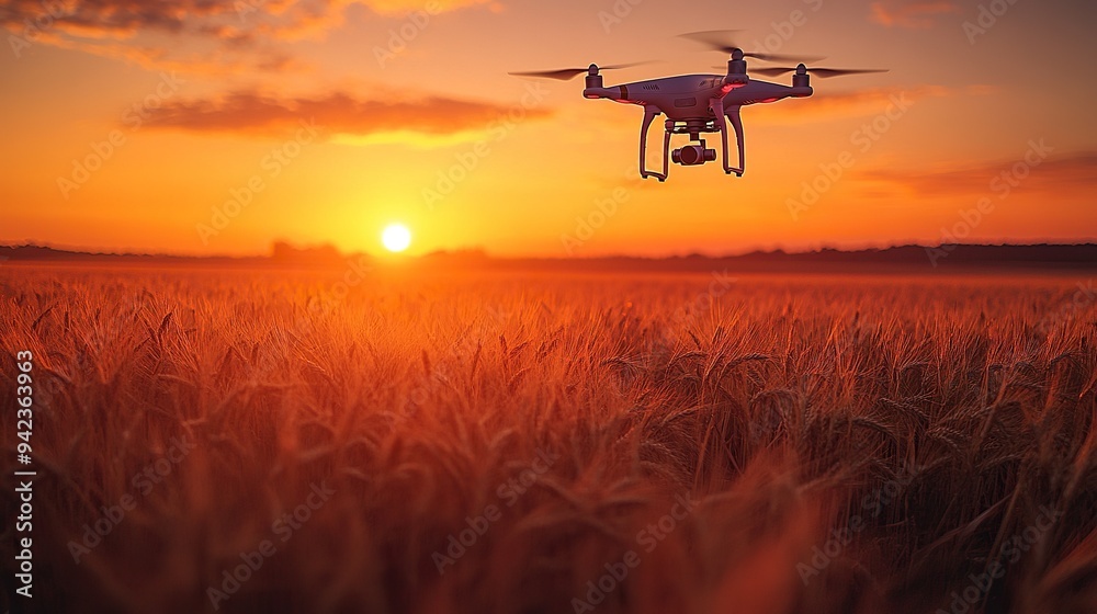 Naklejka premium A drone at sunrise glides over a wheat field, highlighting smart technology for field monitoring and agricultural innovation.