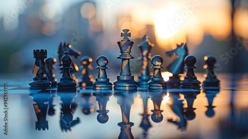 Chess pieces seen from close up, reflecting world map, multinational business strategy generative ai