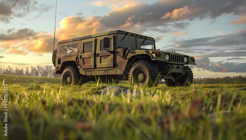 Wallpaper Mural A military hummer in camouflage is driving on the grass near an open field. On top of it there is a small white cloud and a camera mounted to its roof for pointing towards you. Torontodigital.ca