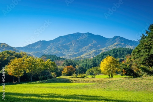 Green hills in Japan, morning, featuring a mountain landscape with trees in autumn colors green yellow orange under a clear blue sky, epitomizing serene natural beauty. SHOTLISTtravel , ai