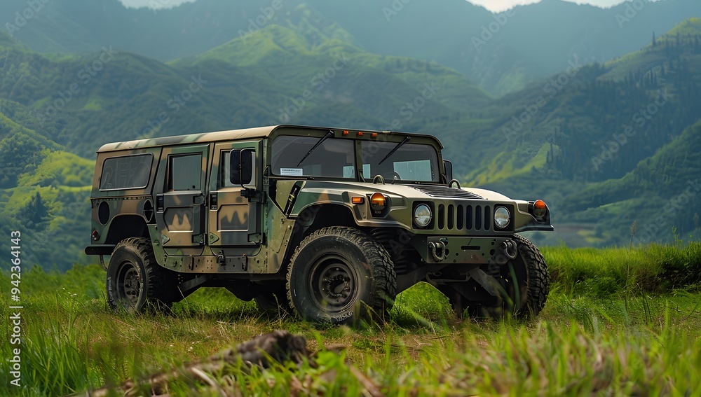 A military hummer in camouflage is driving on the grass near an open field. On top of it there is a small white cloud and a camera mounted to its roof for pointing towards you. A military hummer in camouflage is driving on the grass near an open field. On top of it there is a small white cloud and a camera mounted to its roof for pointing towards you.