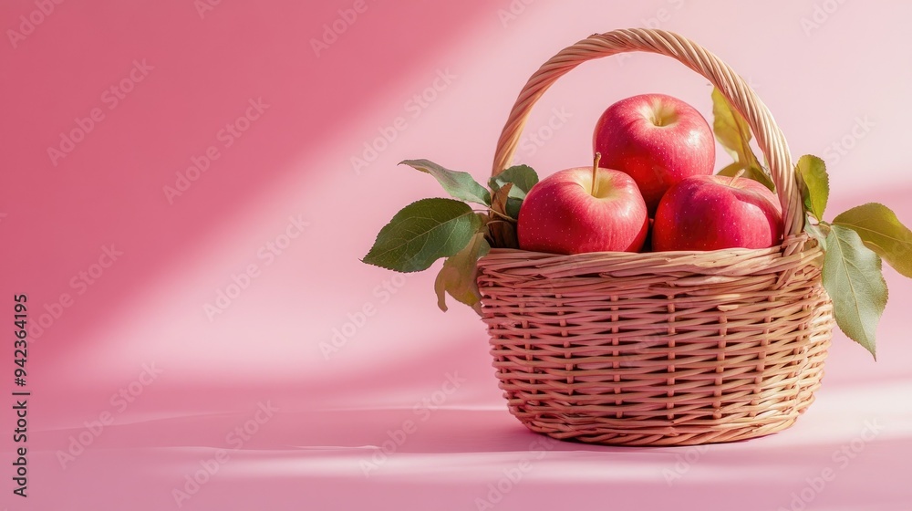 Apples in a bamboo basket on a pastel background, showcasing their natural ability to reduce dark circles through apple extract. Apples in a bamboo basket on a pastel background, showcasing their natural ability to reduce dark circles through apple extract.