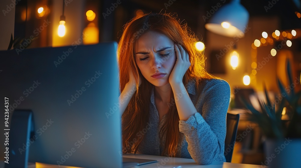 Fototapeta premium Night, headache, and stressed businesswoman using computer in corporate office with burnout. Mistake, risk, or fail on overtime project leaves employee exhausted, frustrated, and overworked. 