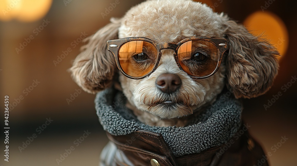 A leather coat embodies a stylish and masculine look on a fashionable poodle dog, reminiscent of a charismatic gangster leader. A leather coat embodies a stylish and masculine look on a fashionable poodle dog, reminiscent of a charismatic gangster leader.