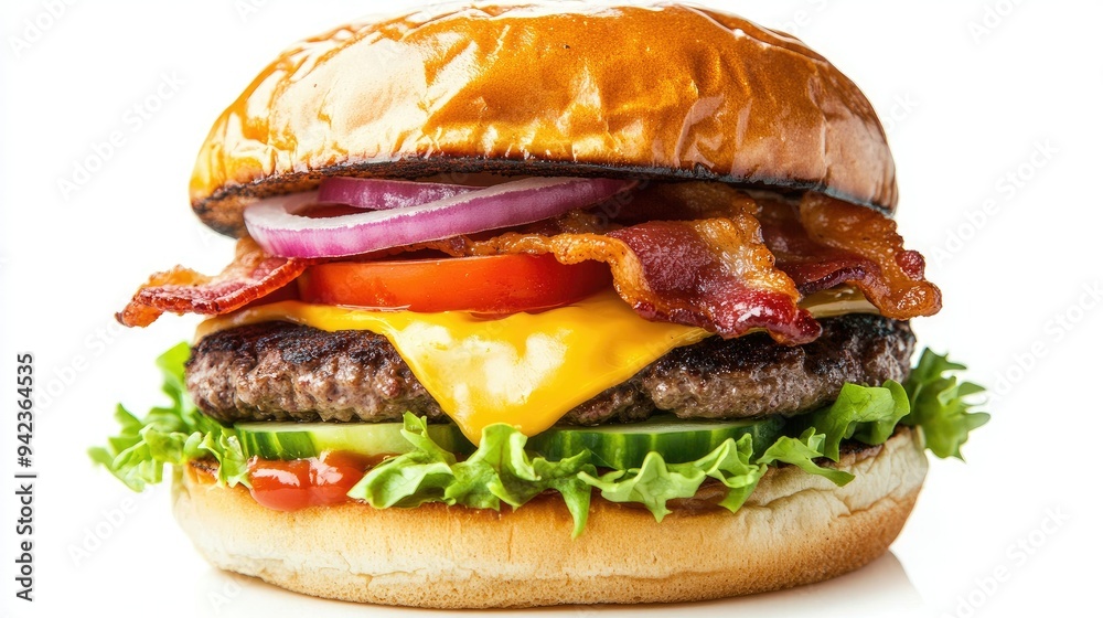 Classic burger with cheese, bacon, onion, cucumbers, tomatoes, and lettuce, isolated on a white background. Classic burger with cheese, bacon, onion, cucumbers, tomatoes, and lettuce, isolated on a white background.
