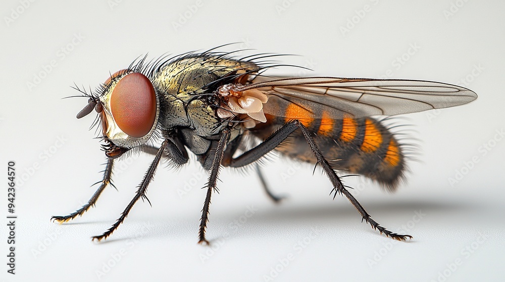 A fly resting on a white background showcases its minimalist presence. A fly resting on a white background showcases its minimalist presence.
