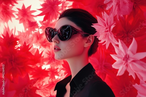 Elegant Woman in Sunglasses Surrounded by Floral Background photo