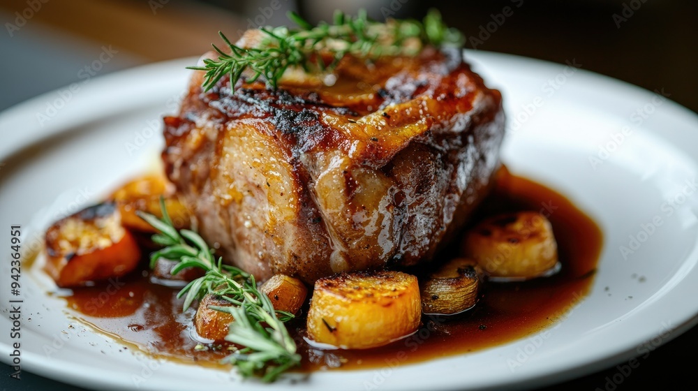 Close-up of a succulent roasted pork shank with crispy skin, drizzled with gravy and served on a white plate with fresh herbs and roasted vegetables. Close-up of a succulent roasted pork shank with crispy skin, drizzled with gravy and served on a white plate with fresh herbs and roasted vegetables.