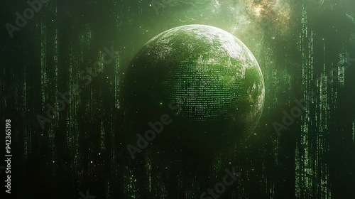 Fototapeta Naklejka Na Ścianę i Meble -  A green planet surrounded by binary code in space symbolizes the intersection of technology and environmental consciousness.