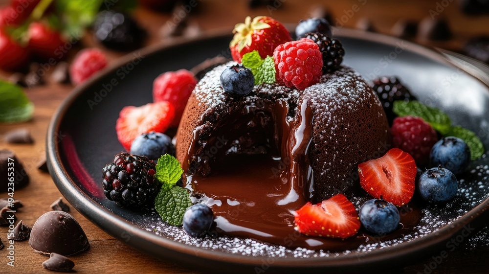 Close-up of molten chocolate fondant, adorned with fresh berries and mint leaves on a plate, ready to be savored. A delicious dessert experience. Close-up of molten chocolate fondant, adorned with fresh berries and mint leaves on a plate, ready to be savored. A delicious dessert experience.