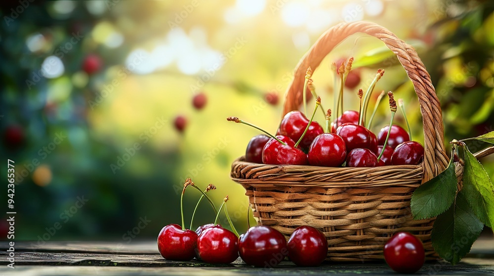 Close-up of ripe red cherries in a wooden basket on a table, with a soft-focus garden background. Close-up of ripe red cherries in a wooden basket on a table, with a soft-focus garden background.