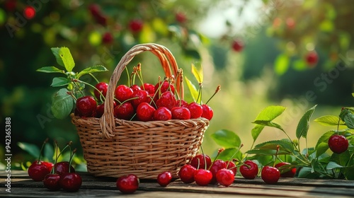 Close-up of vibrant red cherries in a wooden basket on a wooden table, with a garden backdrop.